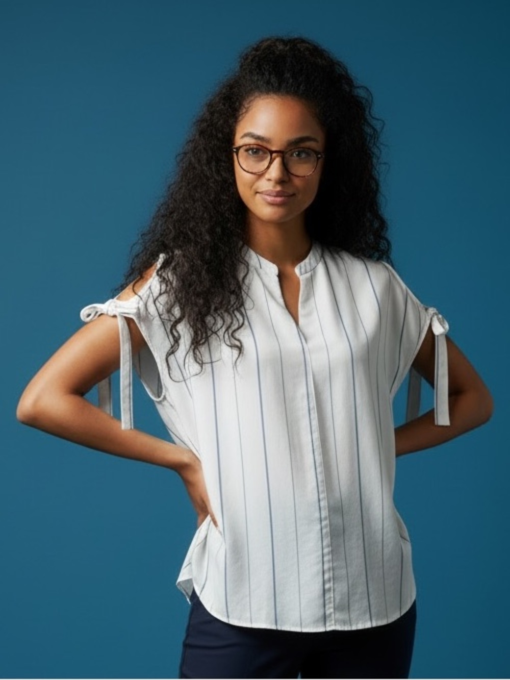 2Sable Womens L Striped Cold Shoulder Tie Sleeve Blouse High Low White Blue